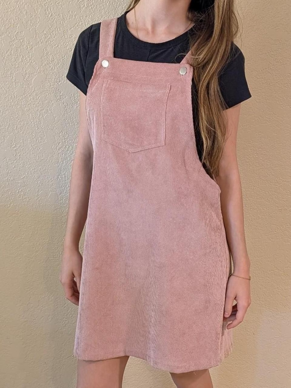 Pink Corduroy Pinafore Dress With Button Straps & Large Front Pocket